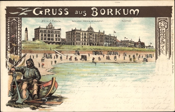 Chromo-Litho island of Borkum East Frisia, Hotel Victoria, Kaiserhof, beach hotel