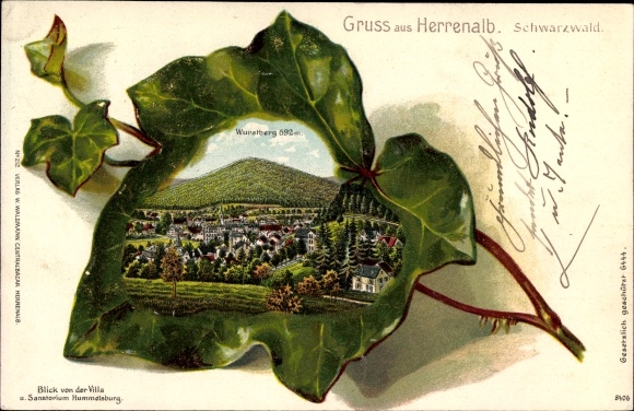 Embossed ivy leaf Chromo-Litho Bad Herrenalb in the Black Forest, total view of the village with Wurstberg