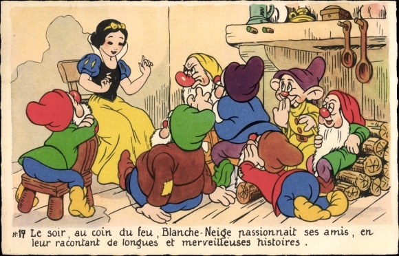 Ak Walt Disney, Comic, Schneewittchen und die 7 Zwerge, Haus, Holz, Kamin