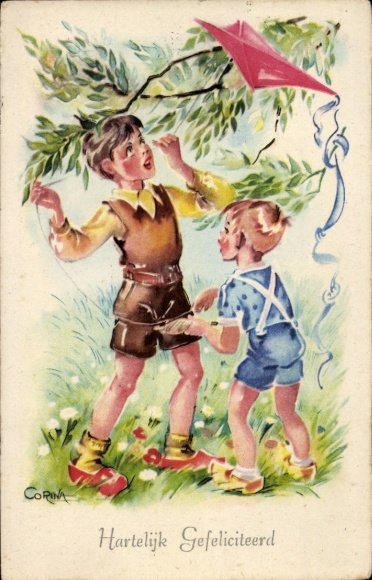 Artist Postcard Corina, Congratulations, children fly kites