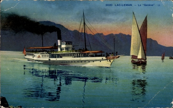 PC Geneva Kt Switzerland, Lac Leman, saloon steamer Le Geneve, sailing boat