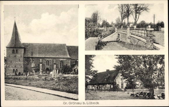Ak Groß Grönau im Herzogtum Lauenburg, Kirche, Brücke, Gehöft