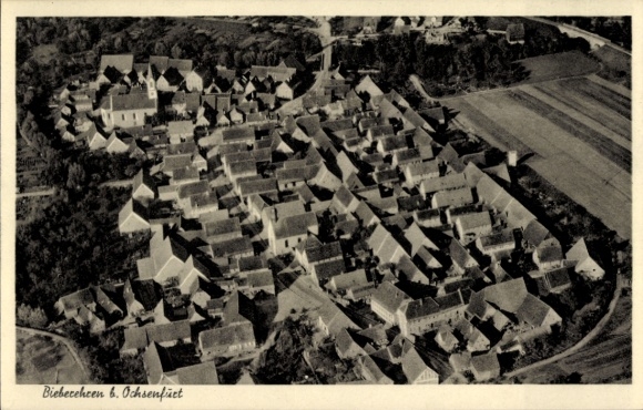 Postcard Bieberehren in Lower Franconia, aerial view of many roofs, green fields