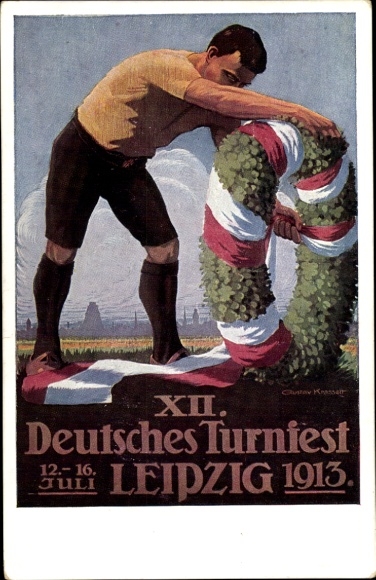 Artist Postcard Krasselt, G., Leipzig, XII. German Gymnastics Festival 1913, Festive wreath