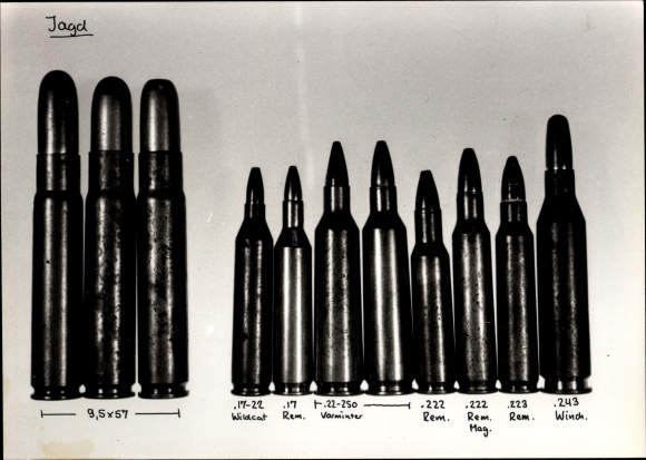 Photo ammunition, hunting cartridges, 9.5x57, .17-22 Wildcat, .17 Remington, .243 Winchester