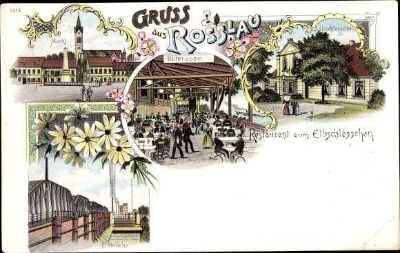 Chromo-Litho Roßlau in Saxony Anhalt, market, Elbe terrace, Elbe bridge, Elbe castle