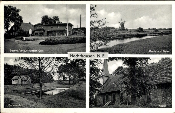 Ak Hechthausen in Nedersaksen, bedrijfsgebouw Johann Greil, badinrichting, kerk, Oste, molen