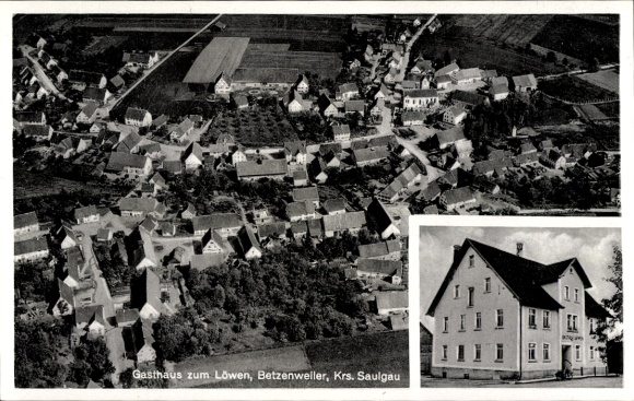 Postcard Betzenweiler in Upper Swabia Württemberg, aerial photograph, Gasthaus zum Löwen