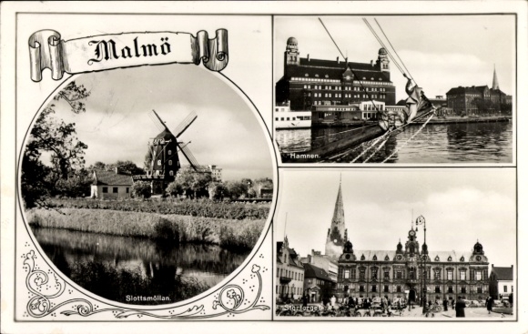 Postcard Malmö Sweden, windmill, harbor, town hall