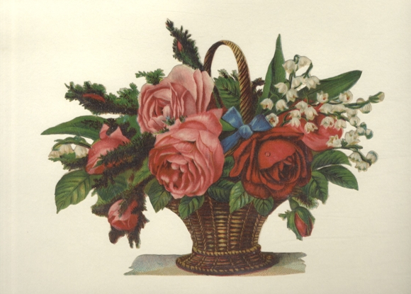 Oblate Blumenkorb mit Rosen und Maiglöckchen, Größe ca. 18 x 23 cm