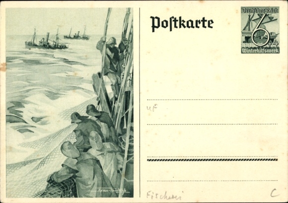 Postwaardestuk Ansichtkaart Axster Heudtlaß, vissers op volle zee, vissersboten