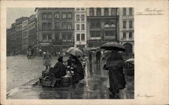 Ak Hamburg, Hamburger Schmuddelwetter, Passanten mit Regenschirmen