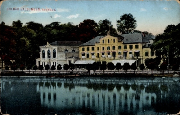 Postcard Bad Salzungen in the Wartburg district, view to the spa house, lake