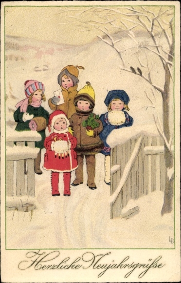 Artist PC Döring, Lia, Happy New Year, children, garden gate