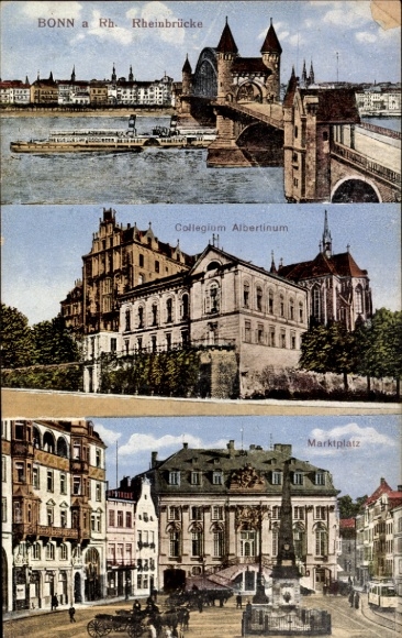 Postcard Bonn am Rhein, Rhine Bridge, Collegium Albertinum, Market Square, Bonn