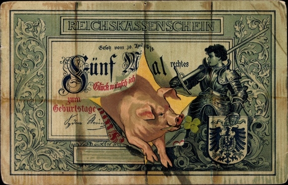 PC congratulations birthday, cash register receipt, pig, knight, coat of arms