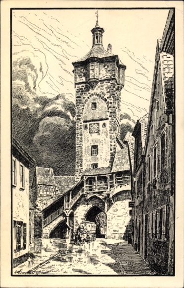 Ak Rothenburg ob der Tauber Mittelfranken, Zeichnung des Klingentors,  Wolken, Straße, Wagen