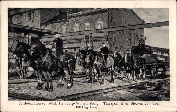 Ansichtkaart Hamburg Wilhelmsburg, Schlobachwerke, transport van een blok