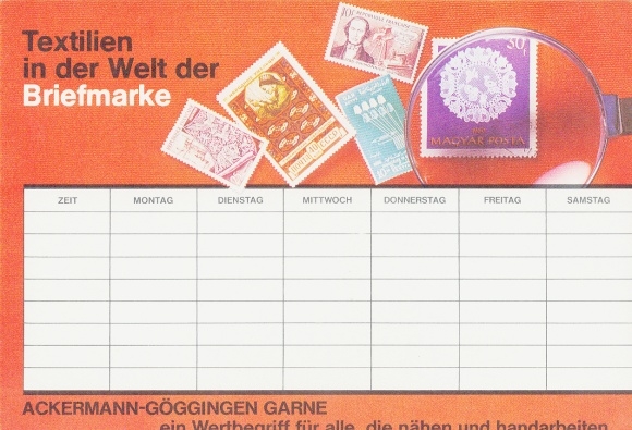 Timetable advertising, Ackermann - Görringen yarns, Schürer knitting yarns, stamps