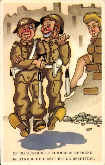 Künstler Ak En Occupation le commerce reprend, Prostituierte, Soldaten, MP