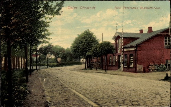 Ak Oster Ohrstedt in Noord-Friesland, bedrijfsgebouw Johs. Petersen