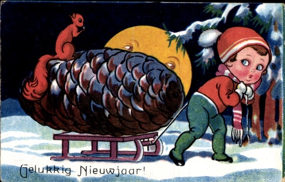 Postcard Happy New Year, sleigh, child, pine cone, squirrel