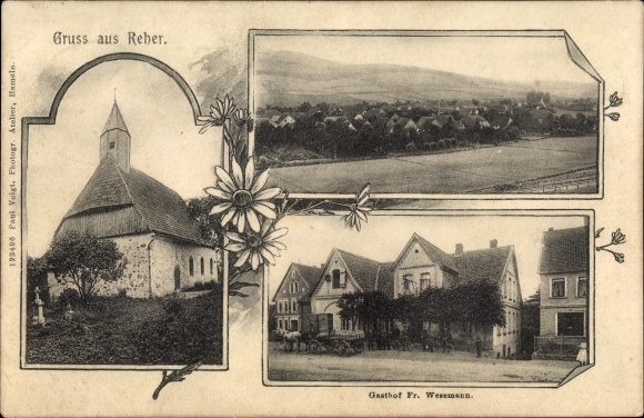 Postcard Reher Steinburg in Holstein, general view, church, inn Fr. Wesemann