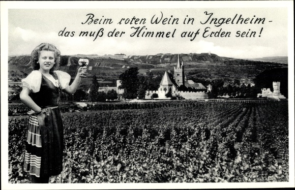 Postcard Ingelheim am Rhein, grapevines, church, place, girl in costume
