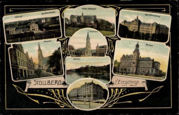 Ak Stollberg Erzgebirge, Bahnhof, Rathaus, Waldteich