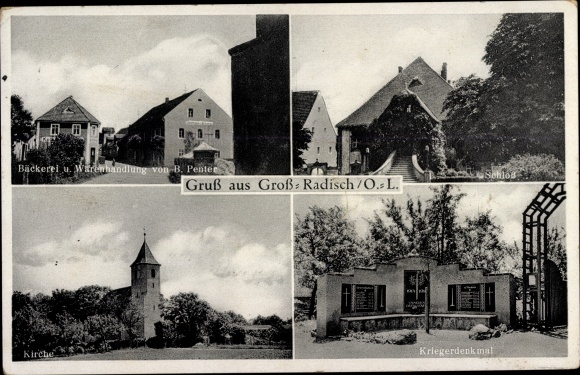 Postcard Großradisch Hohendubrau in Upper Lusatia, castle, church, war memorial, bakery, plot