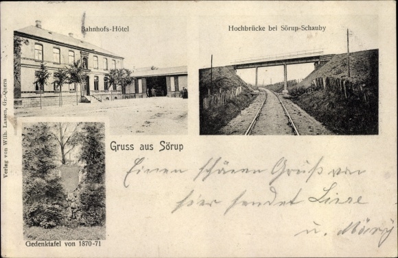 Ak Sörup in Sleeswijk-Holstein, stationshotel, gedenkplaat, hoge brug