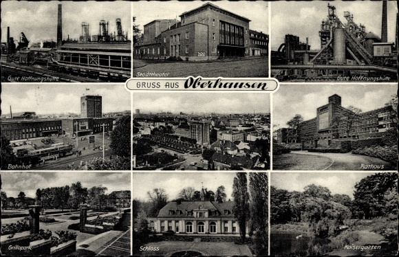 Ak Oberhausen in het Ruhrgebied, stadhuis, stadstheater, Gute Hoffnungshütte, treinstation, Grillopark