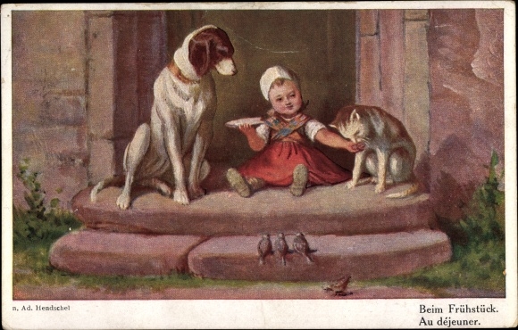 Artist PC Henschel, Albert, bij het ontbijt, meisje in kostuum voert hond en kat, mussen