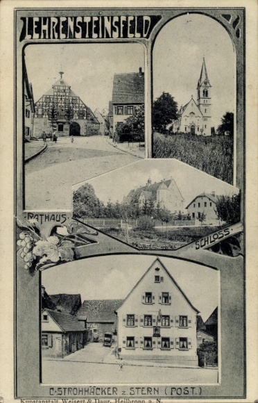 Postcard Lehrsteinsfeld in Württemberg, town hall, church, castle, inn at the Stern Post