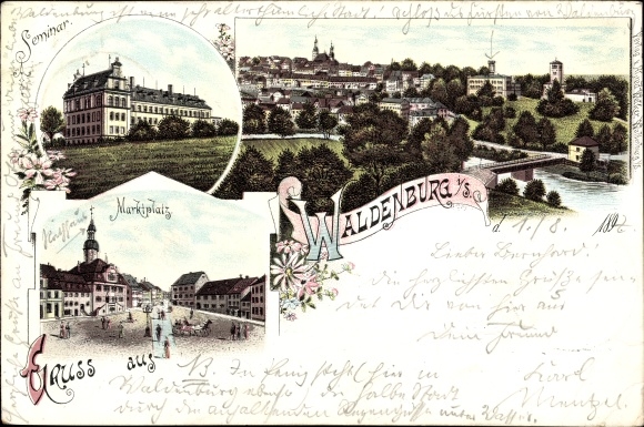 Chromo-Litho Waldenburg in Saxony, seminar, marketplace, view of the town