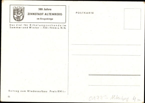 Kunstenaarskaart Heinmann, Altenberg Erzgebirge, 500 jaar Zinnstadt, afstandsschot, kerk, plaats