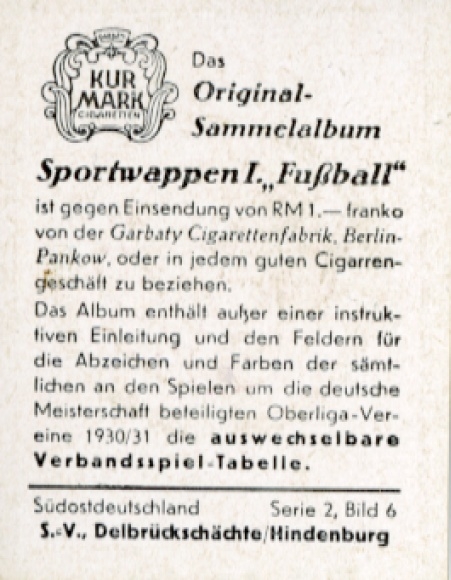 Obraz kolekcjonerski herb sportowy, piłka nożna, południowo-wschodnie Niemcy, SV Delbrückschächte Hindenburg, zdjęcie nr 6