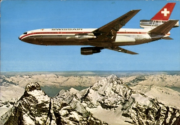 Postcard passenger aircraft Swissair DC-10, aircraft over the Alps