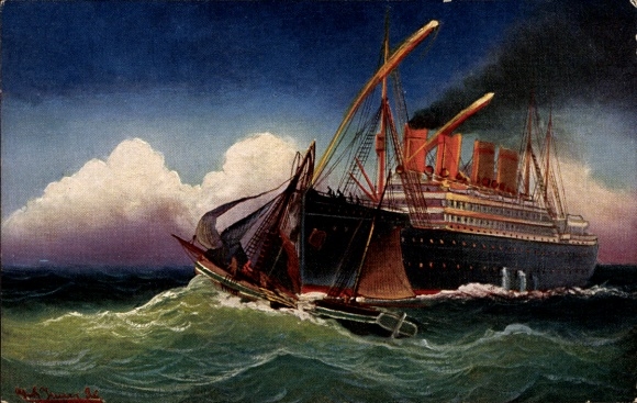 Artist Postcard Oversailed, steamer crashes into sailboat