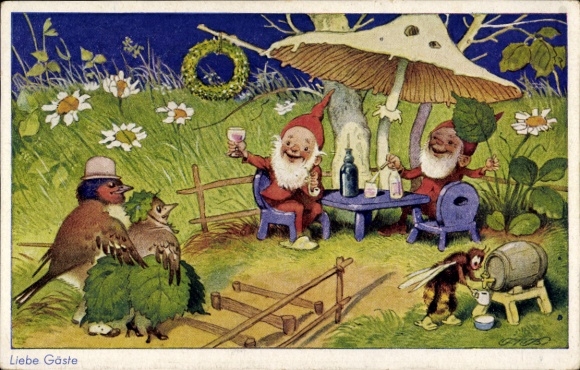 Artist Postcard Baumgraten, Fritz, Dear Guests, Bird Couple, Dwarves Toasting, Bee