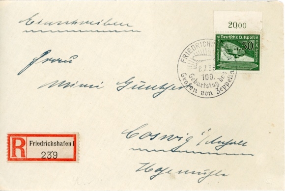 List ze specjalnym odwołaniem Friedrichshafen z okazji 100. urodzin hrabiego von Zeppelina