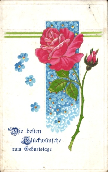 Embossed Postcard Congratulations Birthday, Rose, Forget-me-not