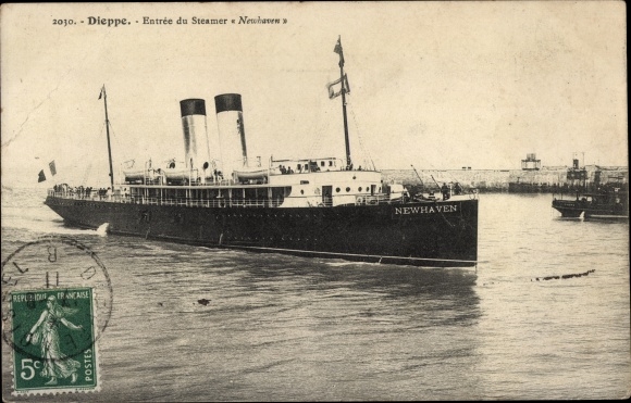 Ak Dieppe Seine-Maritime, binnenkomst van de stoomboot Newhaven, Southern Railway