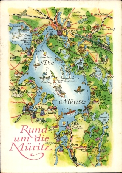 Maps Artist Postcard Hoppe, Around the Müritz, Waren, Rechlin, Zielow, Röbel