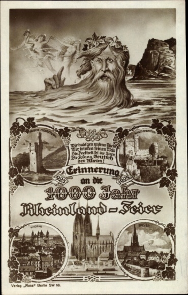 Ak 1000-Jahrfeier Rheinland, Vater Rhein, Kölner Dom, Binger Mäuseturm, Schloss Rheinstein
