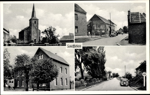 Postcard Saeffelen Selfkant North Rhine-Westphalia, church, business building Robert Cohnen, border