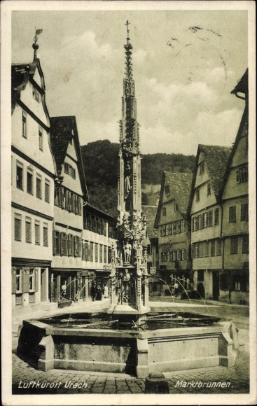 Postcard Bad Urach in the Swabian Alb, market fountain