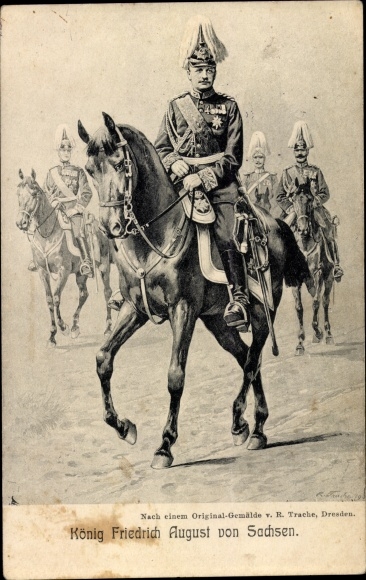 Artist PC Trache, R., King Friedrich August III. of Saxony on horseback, medal, plume
