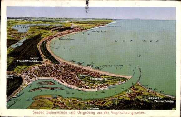 Postcard Świnoujście Swinoujscie Pomerania, aerial view of the Baltic Sea, seaside resort surroundings