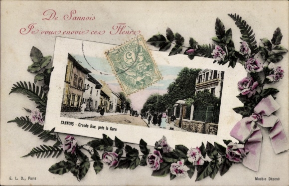 Ak Sannois Val d’Oise,  mit Blumendekor, Straßenansicht, Text in Französisch, Stempel